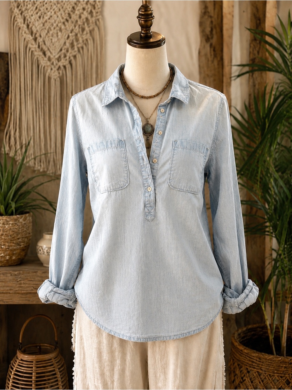 Merona Chambray Popover Shirt | Size M | 100% Cotton | Coastal Boho 💙